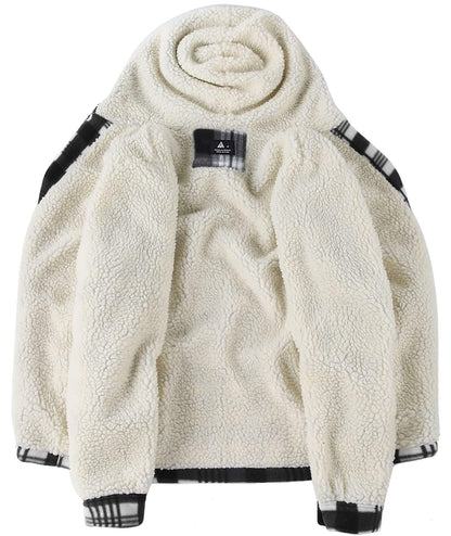 SCODI Men's Flannel Shirt Jacket Fleece Sherpa Lined Plaid Jackets Coat Full Zip Up Hoodie Winter Outwear Black White Medium