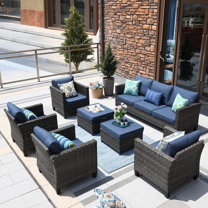 ovios Patio Furniture Set, 7 Pieces Outdoor Wicker Rattan Sofa Couch with 4 Chairs, Ottomans and Comfy Cushions, All Weather High Back Conversation Set Garden Backyard, Denim Blue