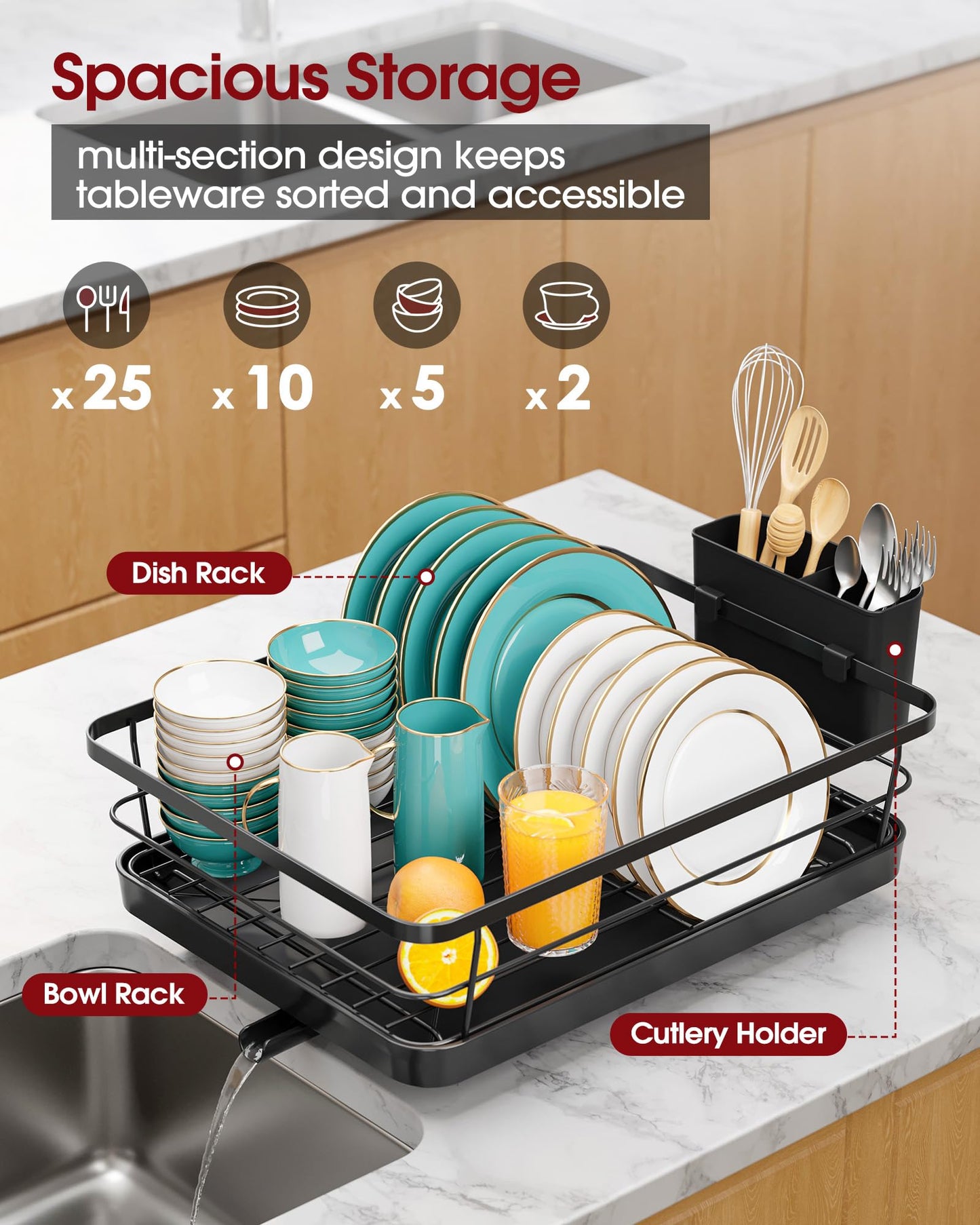 Sakugi Stainless Steel Dish Drying Rack for Kitchen Counter, Sink Organization and Storage Essentials with Silverware & Utensil Holder, Home and Apartment Decor, 12''W x 15.6''L, Black