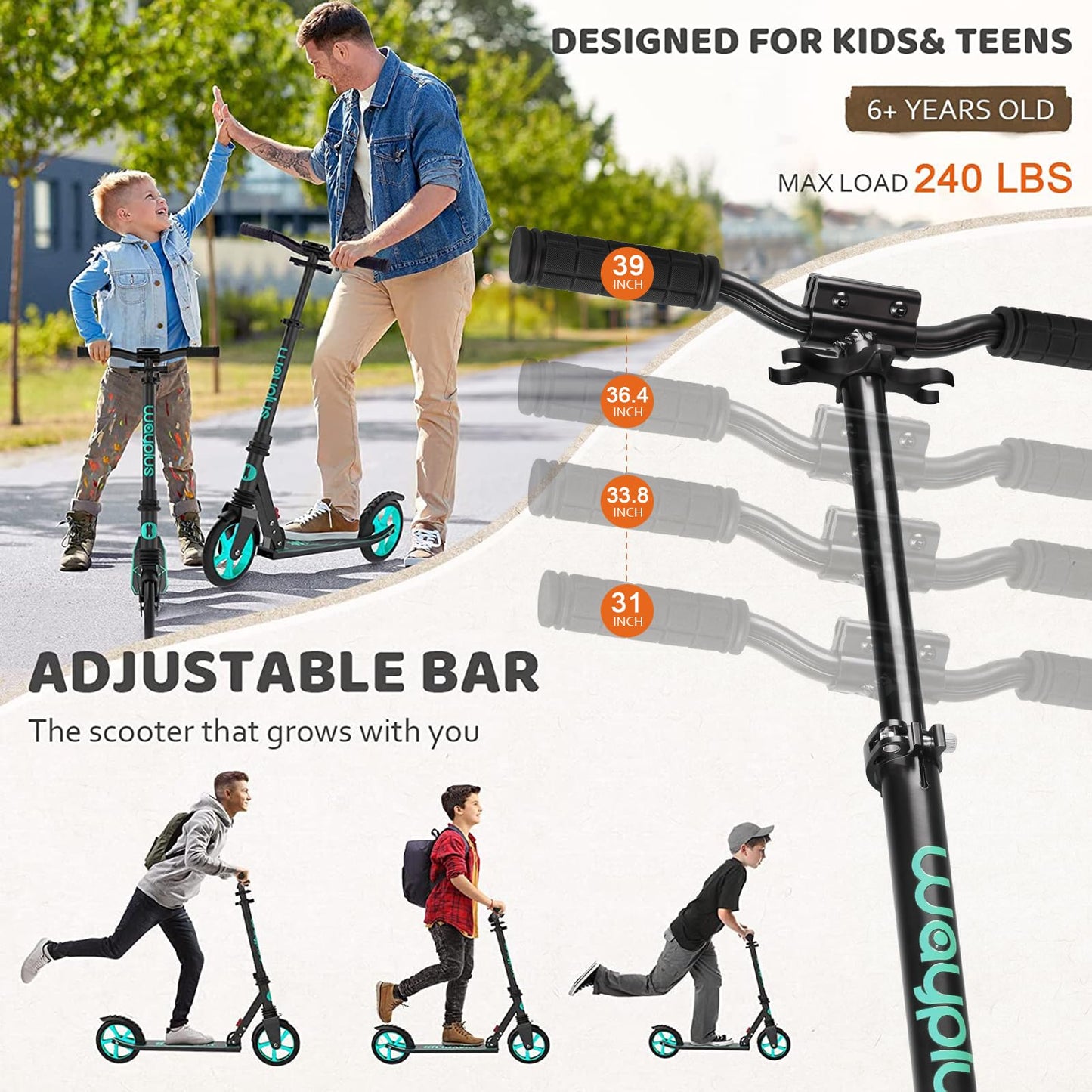 WAYPLUS Aquas Kick Scooter for Kids, Teens & Adults - Foldable, Lightweight, 8-Inch Non-Slip Deck, ABEC9 Bearings, Adjustable Height, Lifetime Service