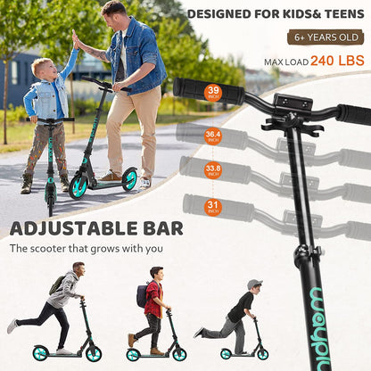 WAYPLUS Aquas Kick Scooter for Kids, Teens & Adults - Foldable, Lightweight, 8-Inch Non-Slip Deck, ABEC9 Bearings, Adjustable Height, Lifetime Service