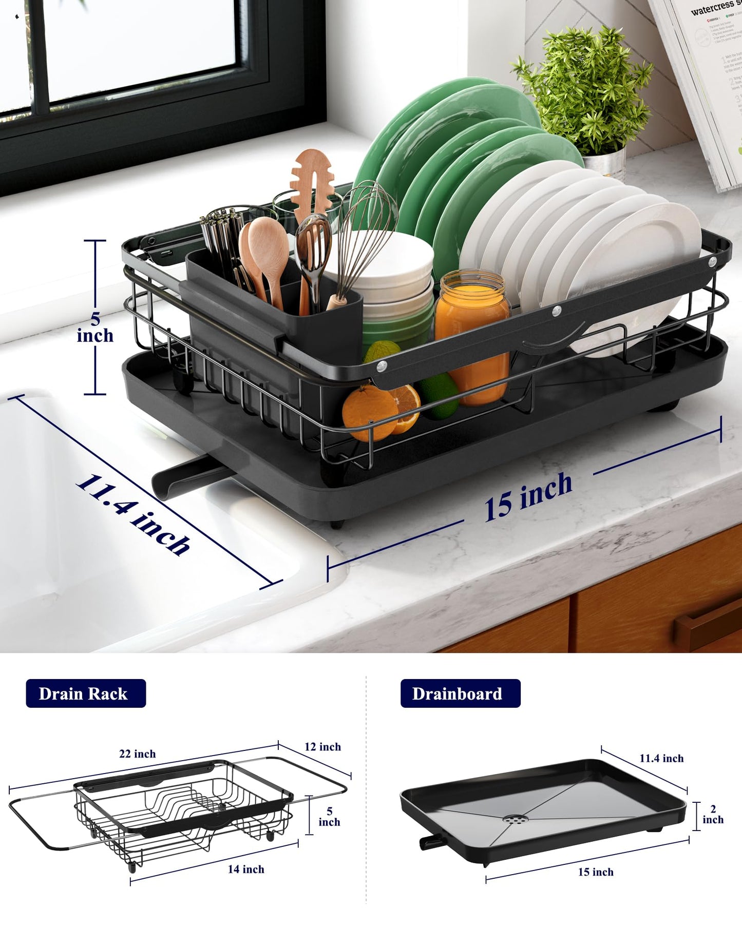 Kitsure Dish Drying Rack for Kitchen Counter, Stainless Steel Sink Organization and Storage Essentials with Cutlery Holder, Home and Appartment Decor, 12''W x 15''~23''L, Black
