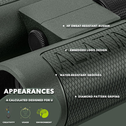 Alatino 12x42 High Powered Binoculars with Harness, Optical Solution Features Bak-4 Prisms & FMC Lens for Bird Watching, Hunting, Extended Travel and Cruise (Green)