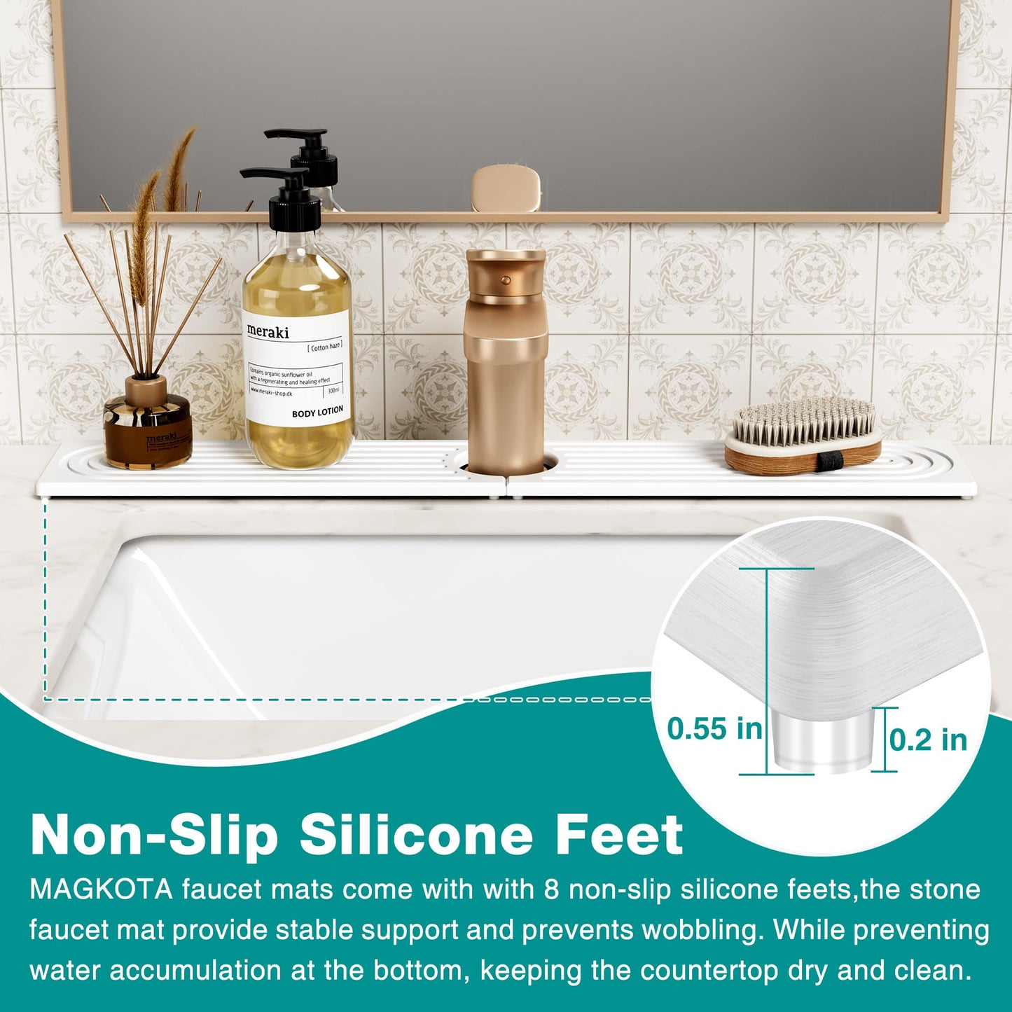 MAGKOTA Stone Faucet Mat for Kitchen Sink - Quick Dry Diatomite Sink Splash Guard, Prevents Moisture Buildup & Water Stains, Water Absorbing Stone Tray for Bathroom Countertop (White, 20" x 4")