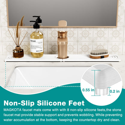MAGKOTA Stone Faucet Mat for Kitchen Sink - Quick Dry Diatomite Sink Splash Guard, Prevents Moisture Buildup & Water Stains, Water Absorbing Stone Tray for Bathroom Countertop (White, 20" x 4")