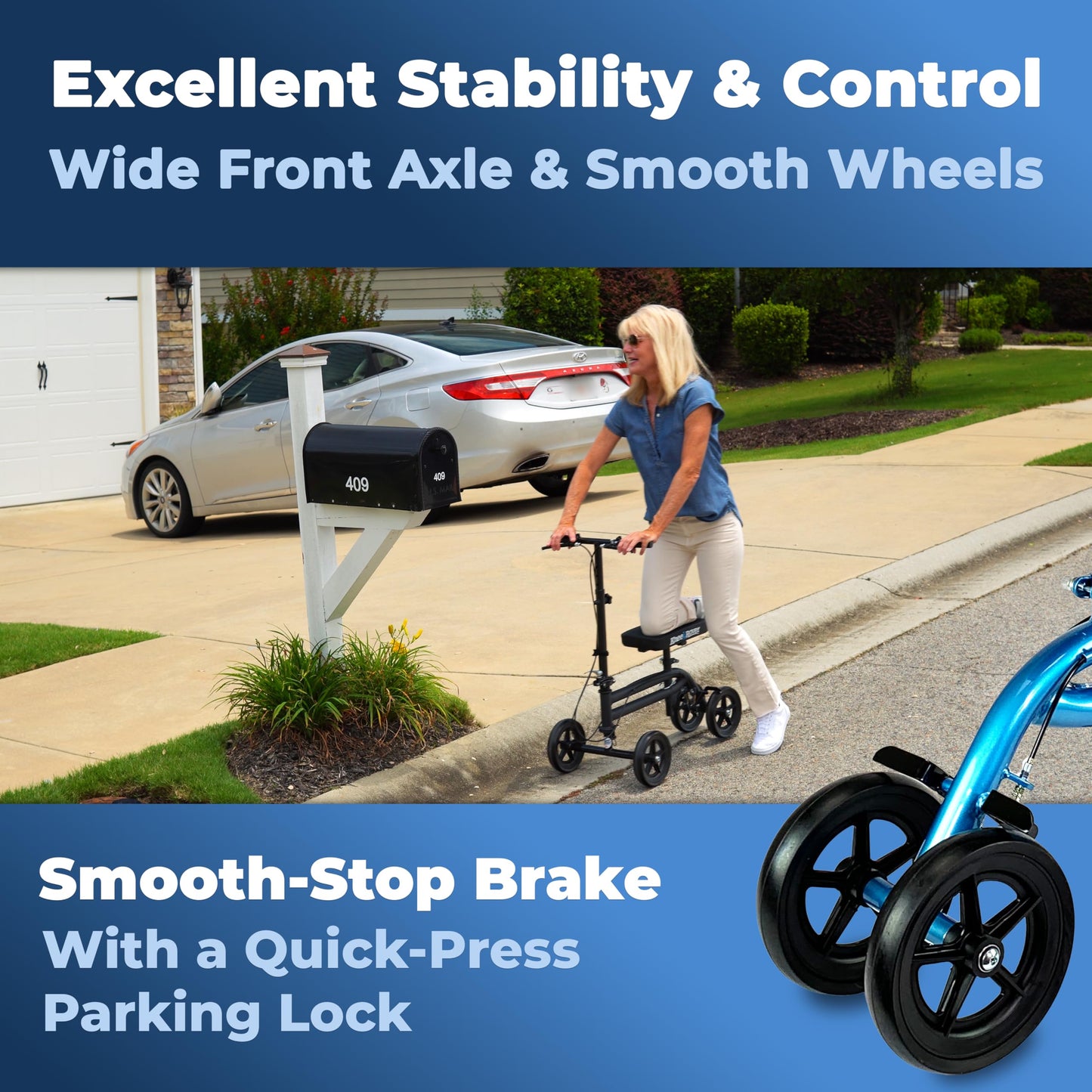 KneeRover Economy Knee Scooter Steerable Knee Walker for Adults for Foot Surgery, Broken Ankle, Foot Injuries - Foldable Knee Rover Scooter for Broken Foot Injured Leg Crutch with Dual Brakes (Blue)