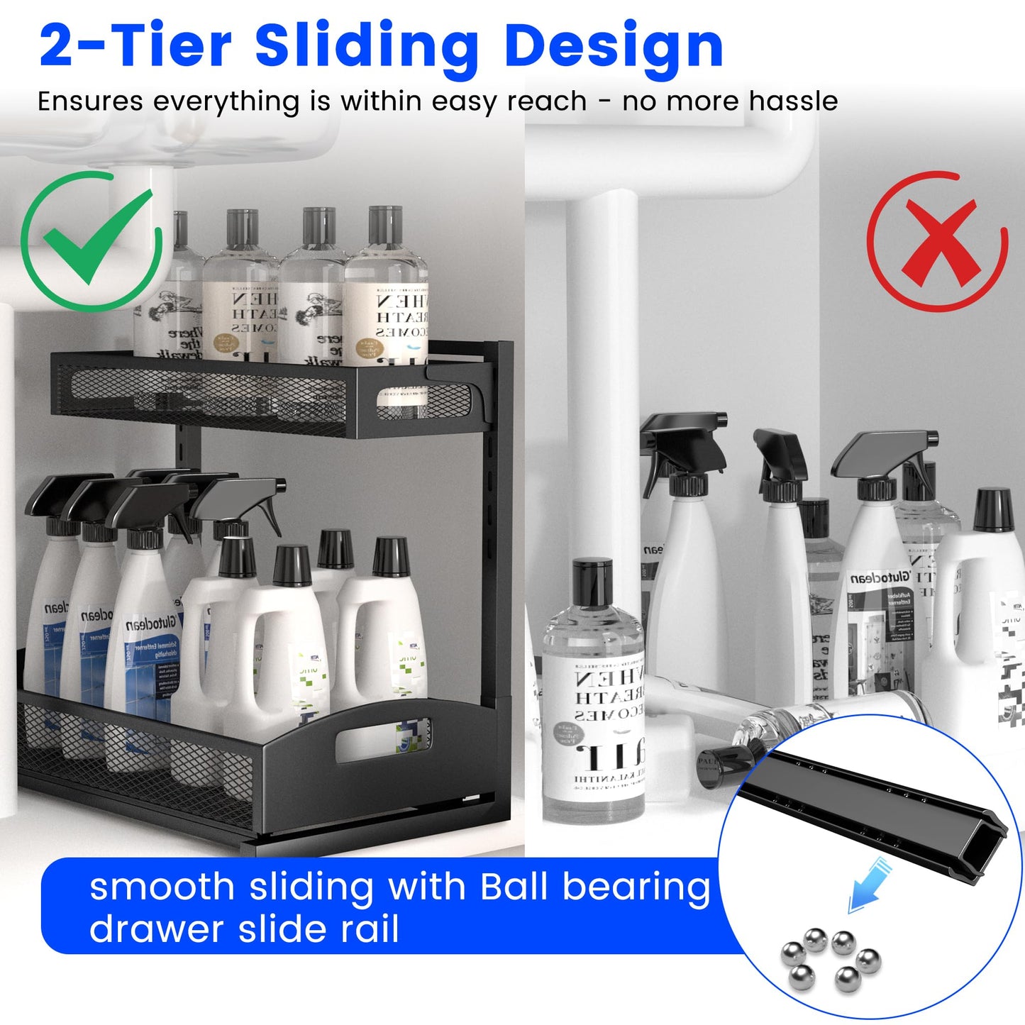 Under Sink Organizer,2 Pack Height Adjustable Under Sink Organizers and Storage, 2 Tier Under Sink Storage for Kitchen Bathroom Cabinet