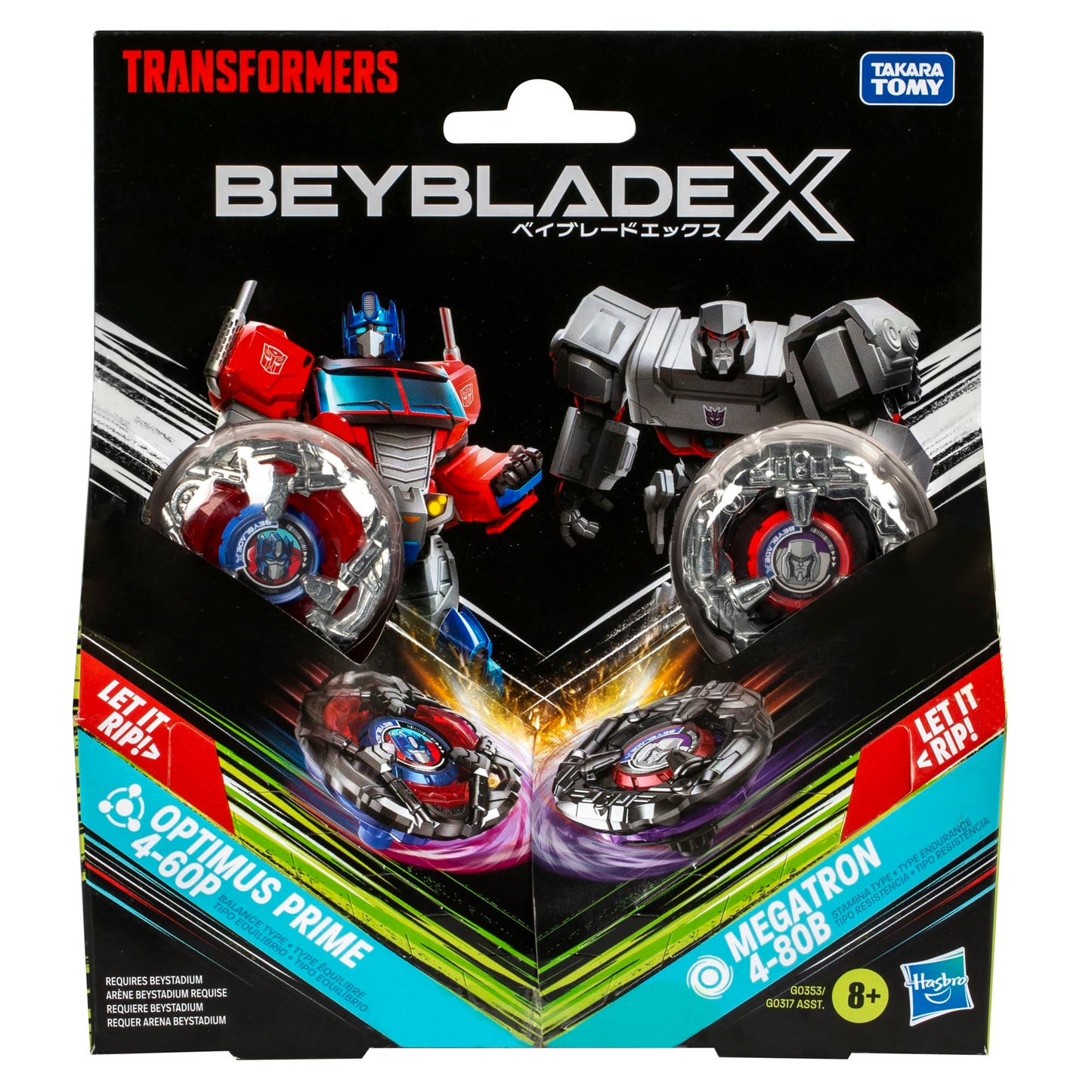 Beyblade X Transformers Collab Optimus Prime 4-60P vs. Megatron 4-80B Multipack Set with 2 Tops & 2 launchers; Battling Top Toys for 8 Year Old Boys & Girls (Amazon Exclusive)