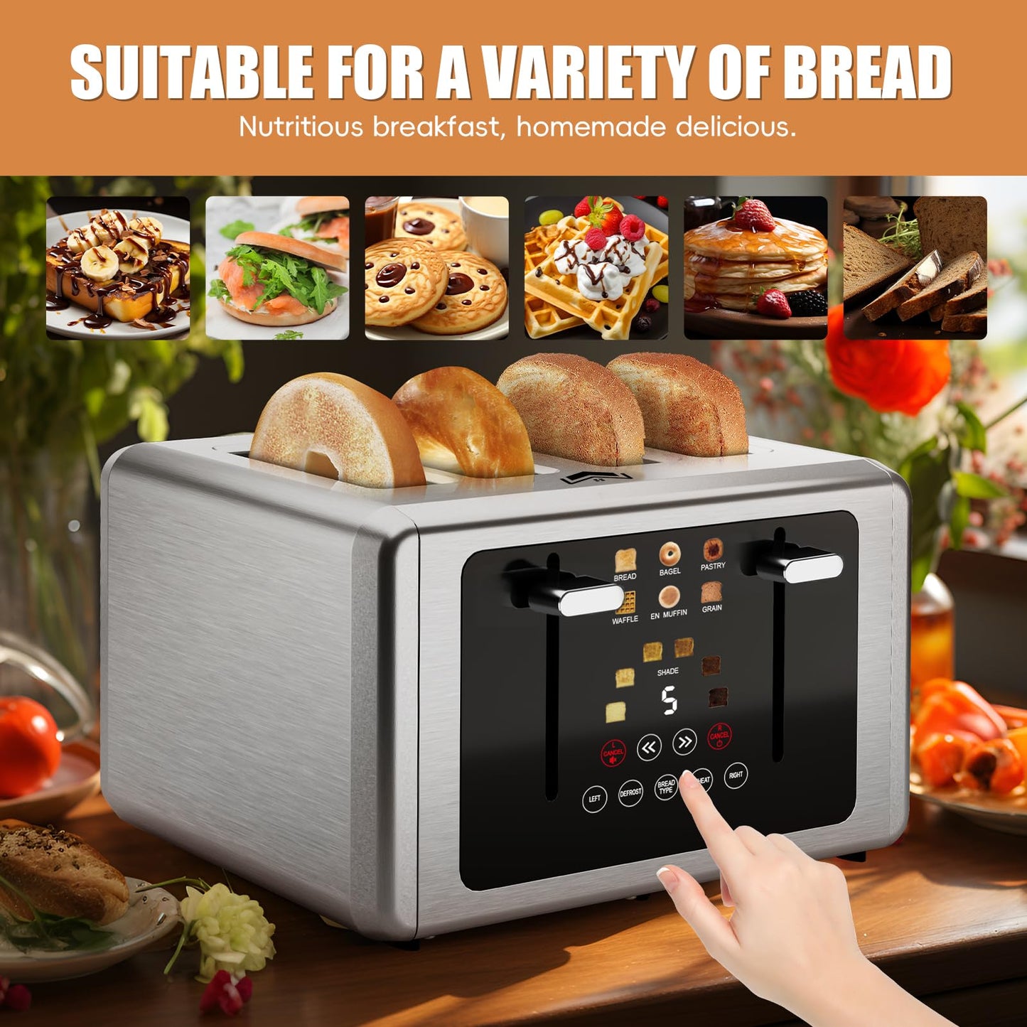 WUNLY 4 Slice Toaster, Touchscreen & Dual Independent Control Panel，5 Basic Functions & Digital Countdown Toasters, 6 Shade Settings＆6 Bread Types, Smart Bread Toaster Mute/Screen-Off ，Stainless Steel