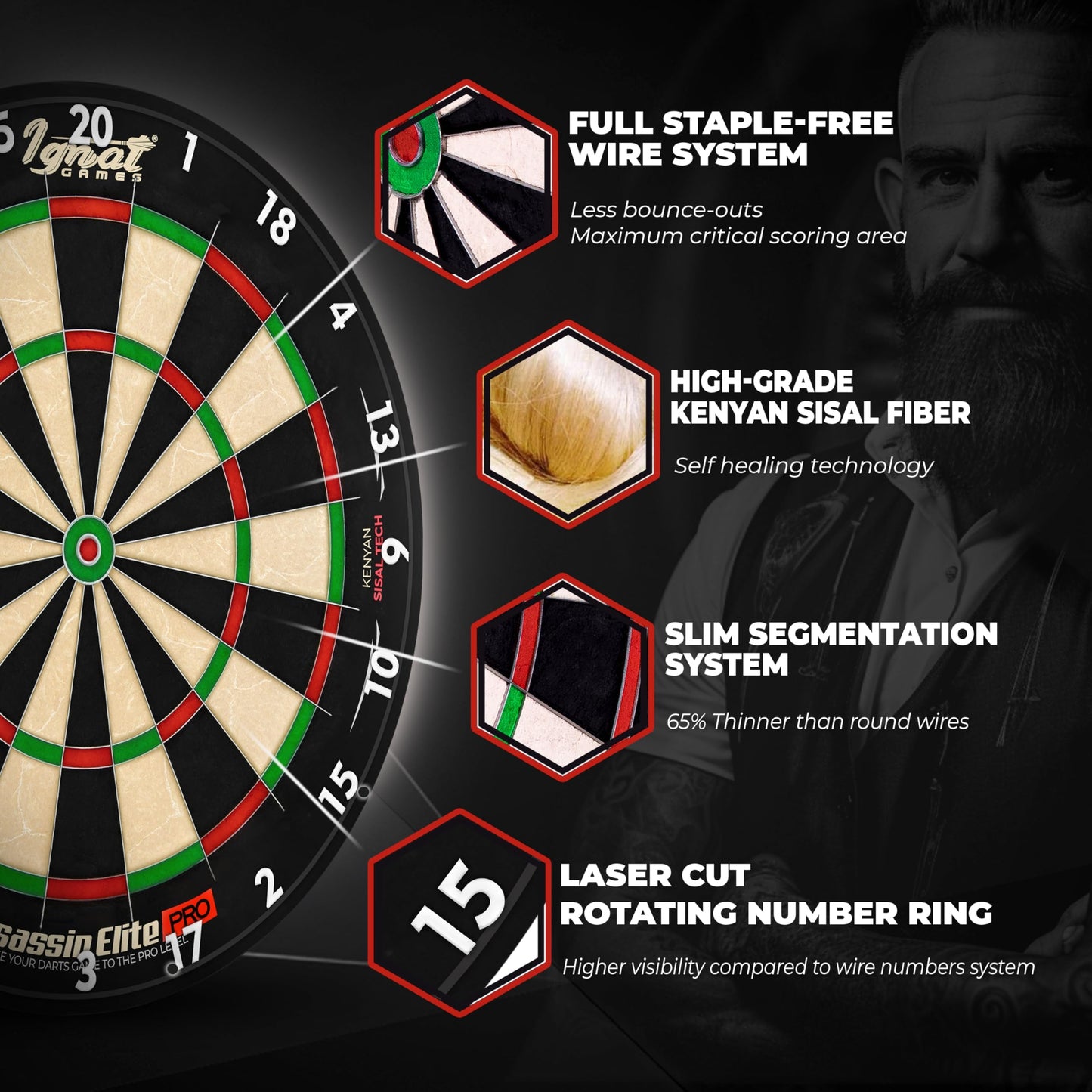 IgnatGames Dart Board Professional- Competition Size Kenyan Sisal Dart Board for Adults - Staple-Free Ultra-Thin Wire Spider Dartboard + Accessories & SnapFit Dartboard Mounting Bracket