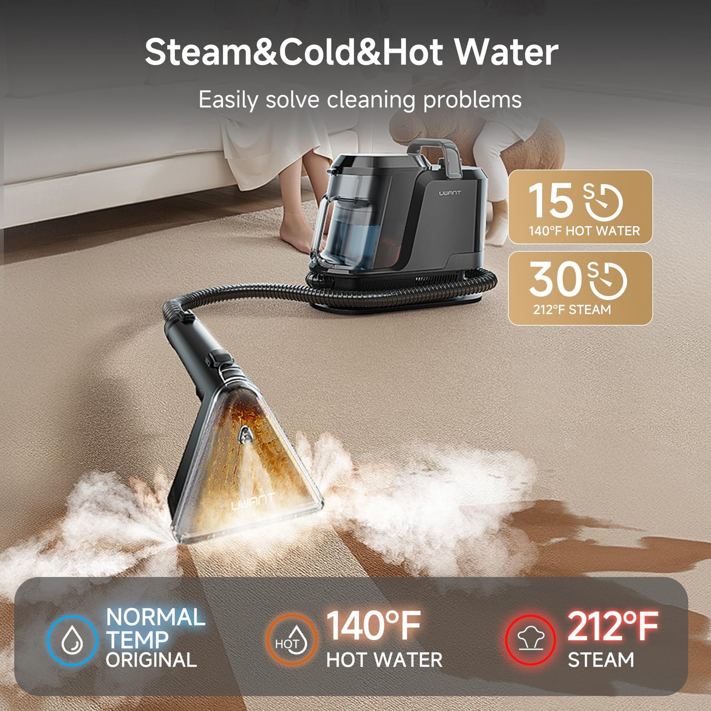 uwant Carpet Cleaner Machine with Steam&Hot&Cold Water System 18Kpa Powerful Suction Upholstery Cleaner Machine with Pet Pro Cleaner for Pets, Carpet Steam Cleaner Set of 1
