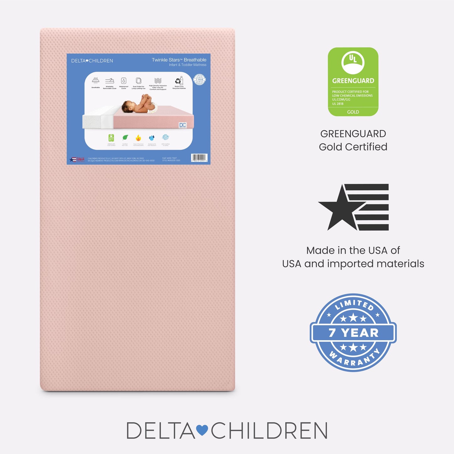 Delta Children Twinkle Stars Breathable Baby Bed Crib Mattress and Toddler Mattress with Removable/Machine Washable Cover - GREENGUARD Gold – Waterproof - Sustainably Sourced Core Fiber Core, Pink