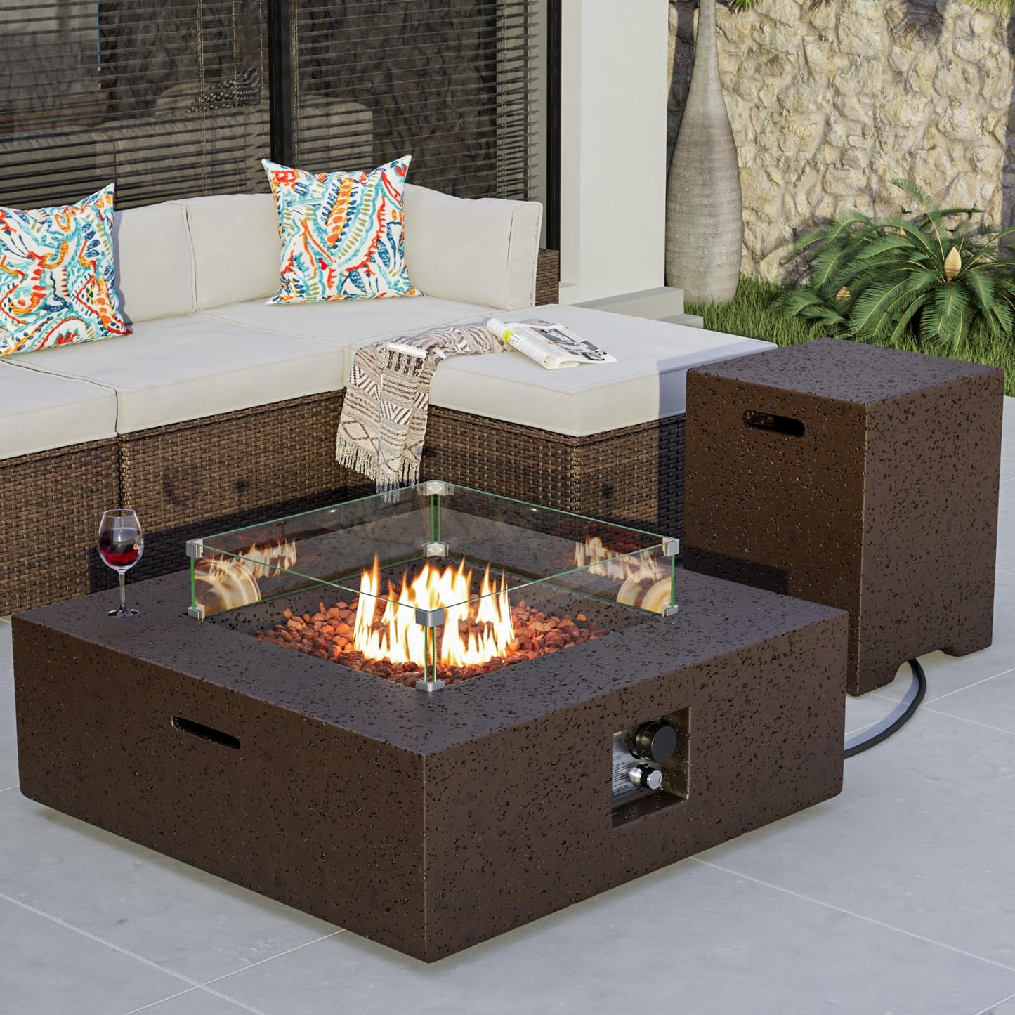 COSIEST Outdoor Propane Fire Pit Coffee Table w Square Faux Stone 35-inch Base, CSA Certified, 50,000 BTU Stainless Steel Burner, Free Lava Rocks and Rain Cover, Wind Guard, Tank Cover, Brown