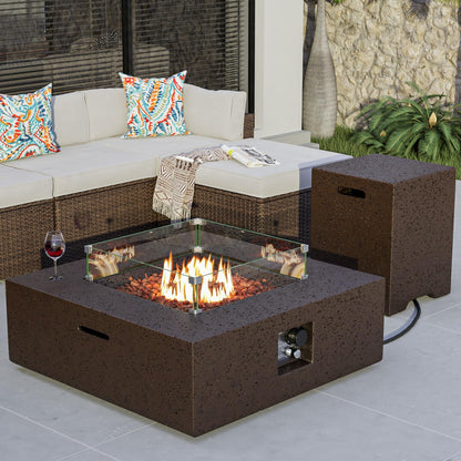 COSIEST Outdoor Propane Fire Pit Coffee Table w Square Faux Stone 35-inch Base, CSA Certified, 50,000 BTU Stainless Steel Burner, Free Lava Rocks and Rain Cover, Wind Guard, Tank Cover, Brown