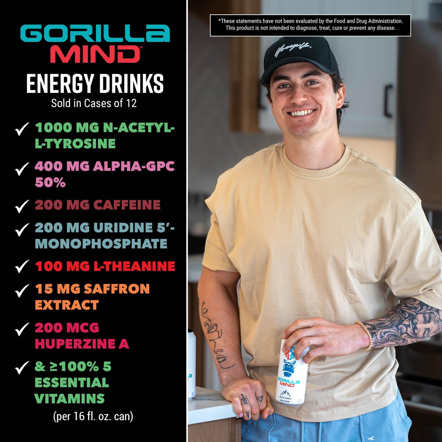 Gorilla Mind Energy Drink | Unmatched Energy · Amplified Focus | N-Acetyl-L-Tyrosine, Alpha-GPC, 200mg Caffeine, Uridine, Saffron | 0 Sugar Or Artificial Colors | 16oz, 12-Pack (Black Cherry Vanilla)