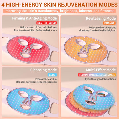 NVBOTY LED Face Mask Light Therapy, 4 Modes Portable Red Light Therapy for Face with 2000mAh Rechargeable Remote, Blue, Orange, 850NM Infrared & Red Light Mask, 400 LEDs for Anti-Aging, at Home