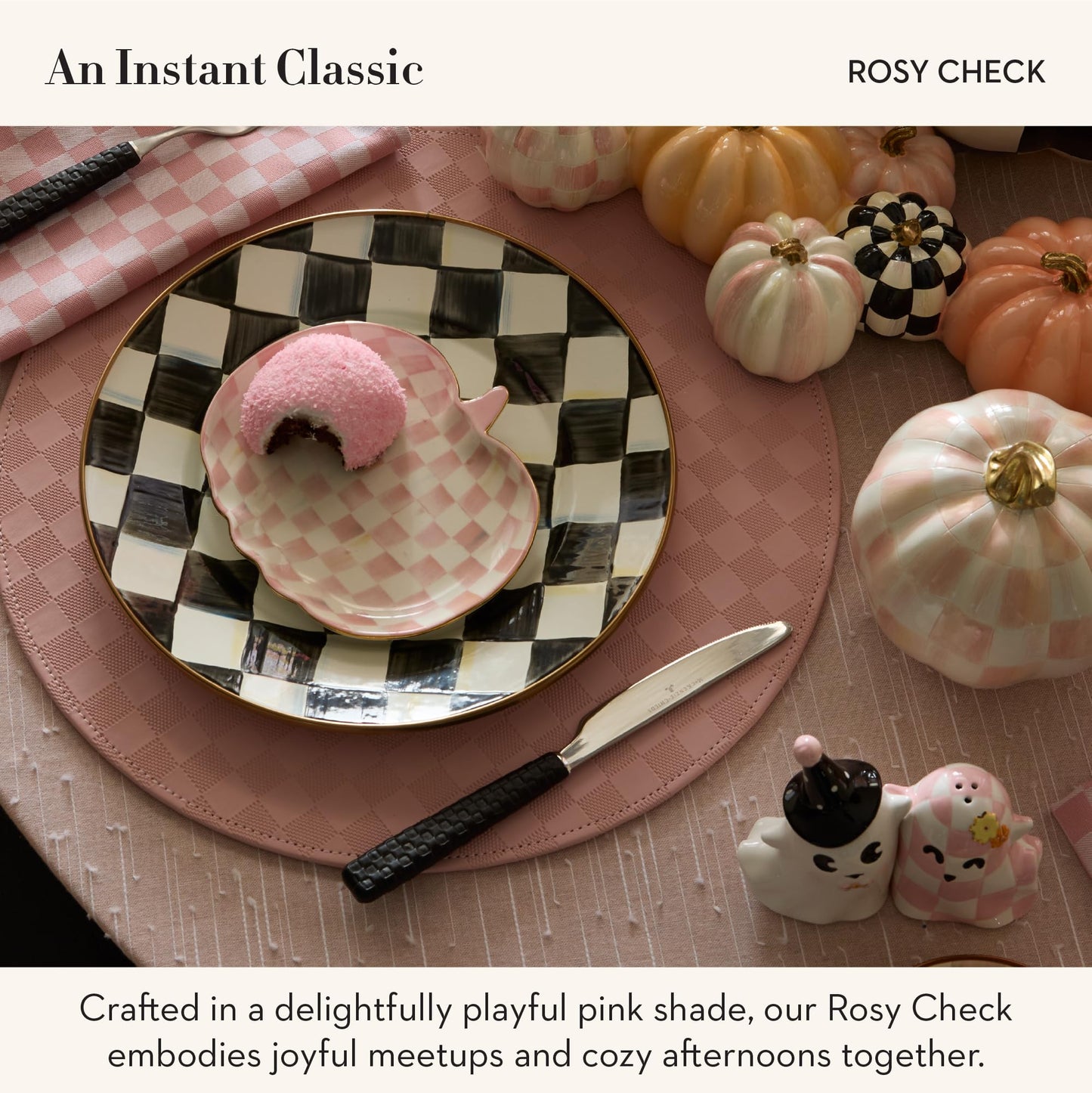 MACKENZIE-CHILDS Set of 4 Ceramic Dessert Plates, Decorative Dishes, Pumpkin, Pink-and-White Rosy Check