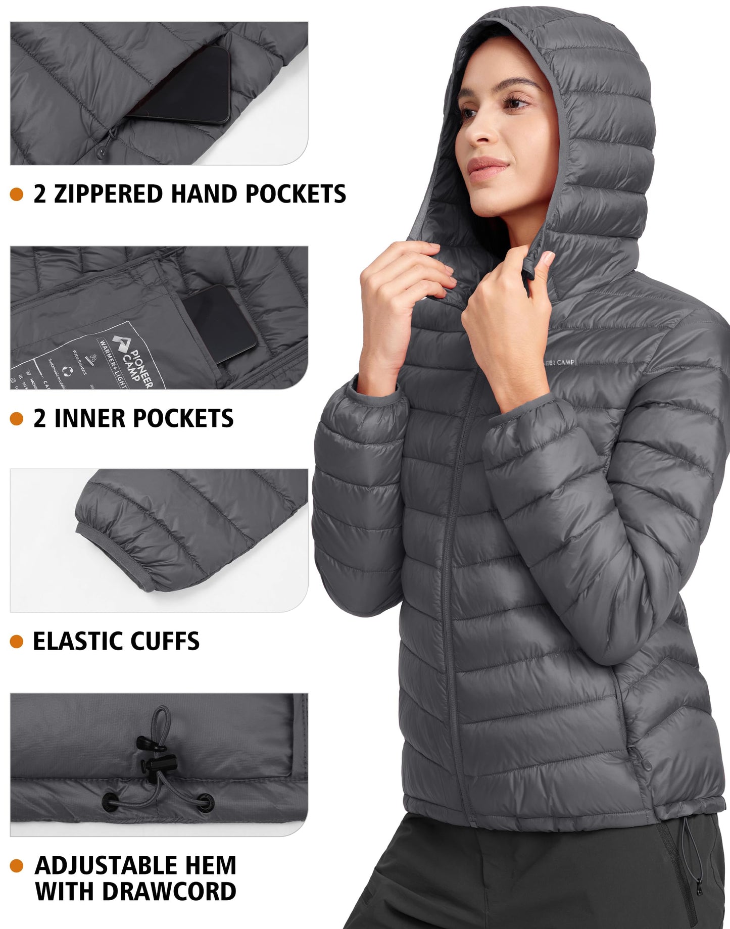 Pioneer Camp Women's Packable Puffer Jacket Winter Light Weight Water-Repellent Quilted Coat with Hood