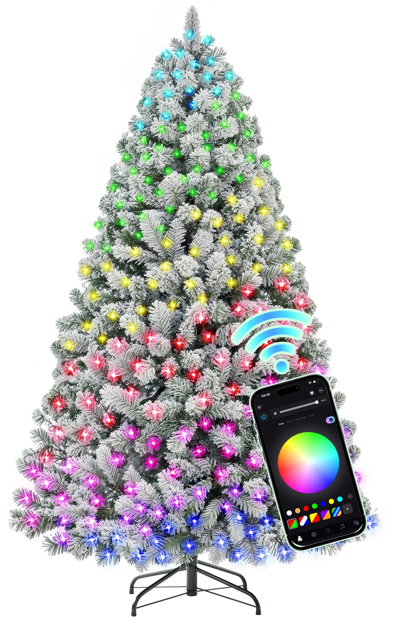 HOLLO STAR 6 ft Flocked Prelit Christmas Tree with 350 LED Lights, App Control, Artificial Christmas Tree, Multi-Color RGBW Lights, 947 Branch Tips, Snow Xmas Tree, for Home, Party