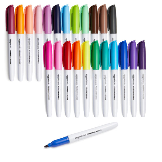 Amazon Basics Fine Point Tip Permanent Markers - Assorted Colors, 24-Pack