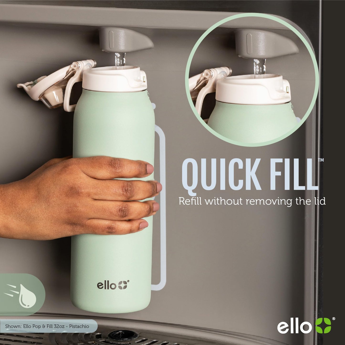 Ello Pop & Fill 22oz Stainless Steel Water Bottle with Quick Fill Technology, Double Walled and Vacuum Insulated Metal, Leak Proof Locking Lid, Sip and Chug, Reusable, BPA Free, Raincloud