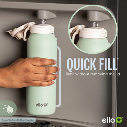 Ello Pop & Fill 22oz Stainless Steel Water Bottle with Quick Fill Technology, Double Walled and Vacuum Insulated Metal, Leak Proof Locking Lid, Sip and Chug, Reusable, BPA Free, Raincloud