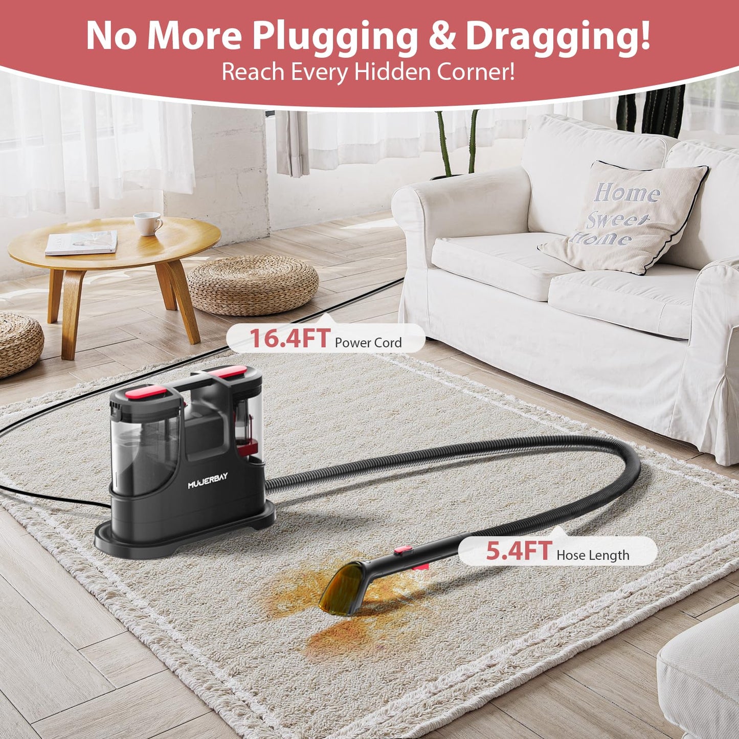 Carpet Cleaner, MUJERBAY 15Kpa Portable Spot and Stain Cleaner, Easy Move with Handle, 1.5-inch Deep Cleaning Machine for Couch, Stairs, Car. Red