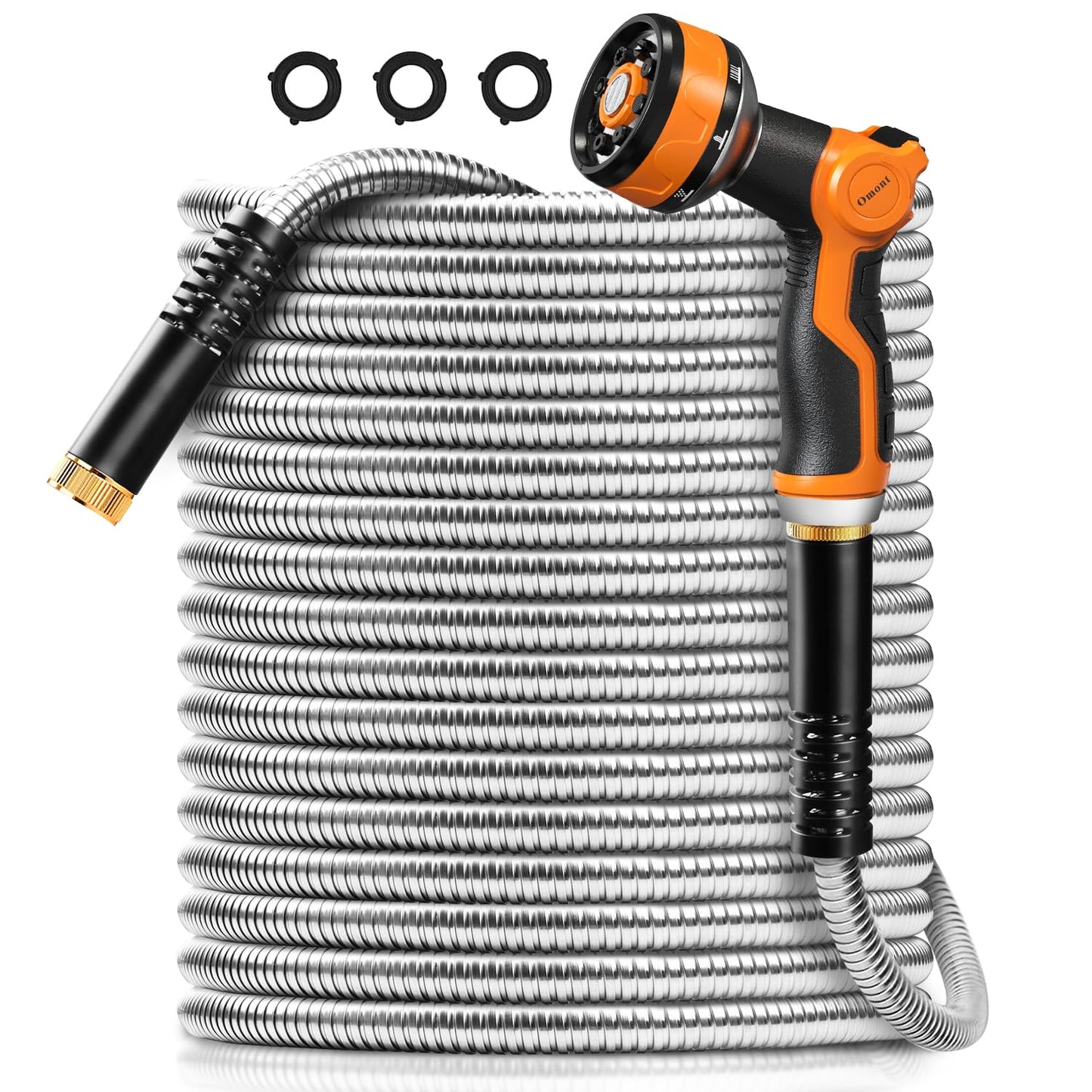 Omont Metal Garden Hose 50FT, Heavy Duty 304 Stainless Steel Water Hoses with Nozzle, Flexible Garden Hose, Lightweight, Rust Proof, No-Kink & Tangle for Yard, Outdoor, RV