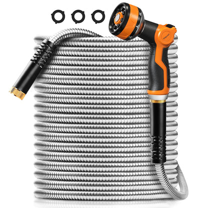Omont Metal Garden Hose 50FT, Heavy Duty 304 Stainless Steel Water Hoses with Nozzle, Flexible Garden Hose, Lightweight, Rust Proof, No-Kink & Tangle for Yard, Outdoor, RV