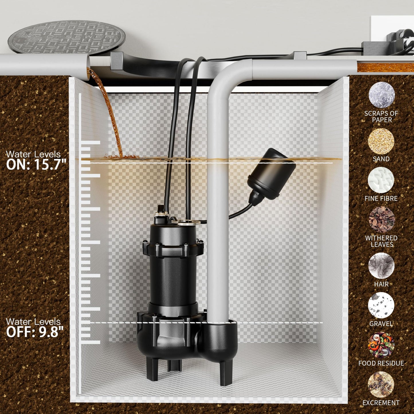 LANCHEZ 1HP 6600 GPH Submersible Sewage Pump, Heavy Duty Cast Iron Effluent Pump with Automatic Tethered Float Switch, Sump Pump for Sump Basin, Basement, Residential, 2" NPT Discharge