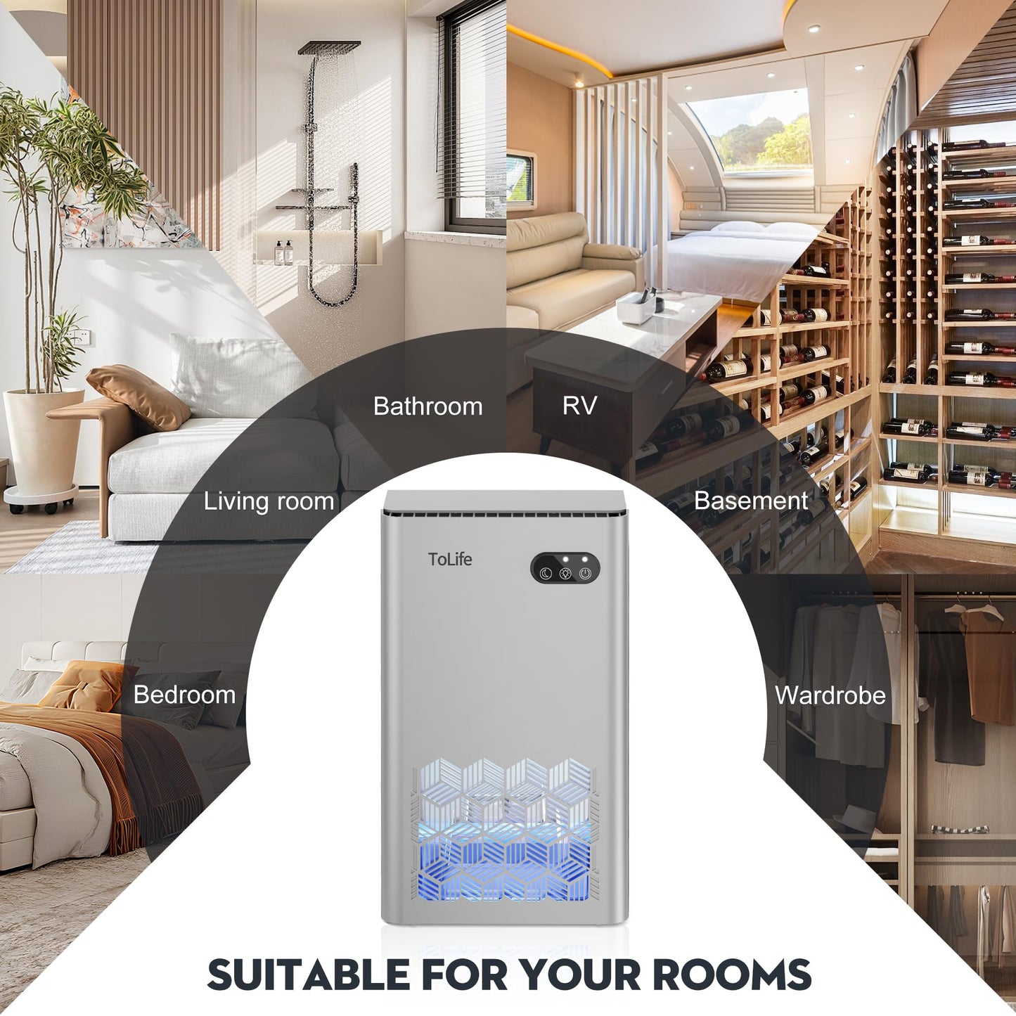 ToLife Dehumidifier, 95 OZ Water Tank, 1000 sq.ft Dehumidifiers for Home Bedroom Basement Bathroom with Auto Shut Off, 7 Colors LED Light,Silver