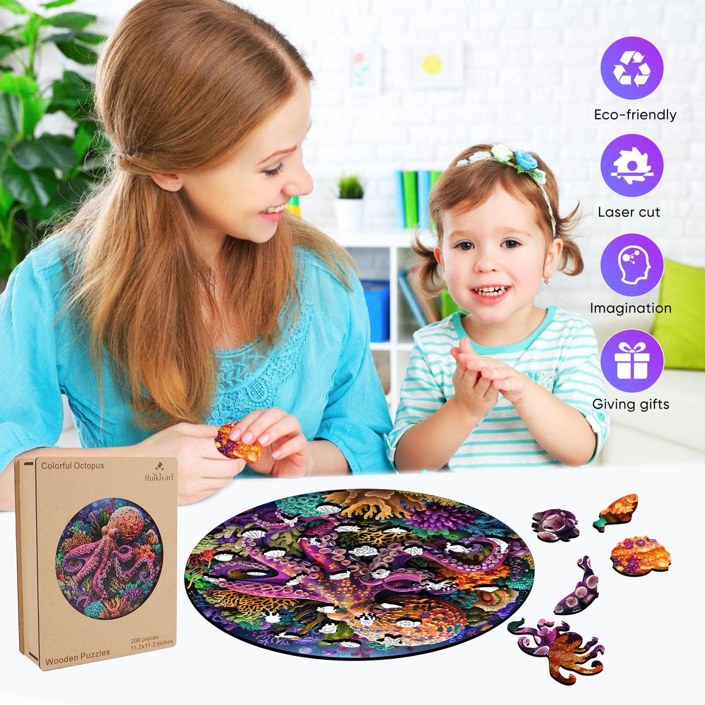 Ruikiyart Wooden Puzzles for Adults Octopus Wooden Jigsaw Puzzles 200pcs Unique Shapes Family Game Fabulous Gift for Kids and Adults on Birthday,Thanksgiving,Christmas 11.2 x 11.2 Inches