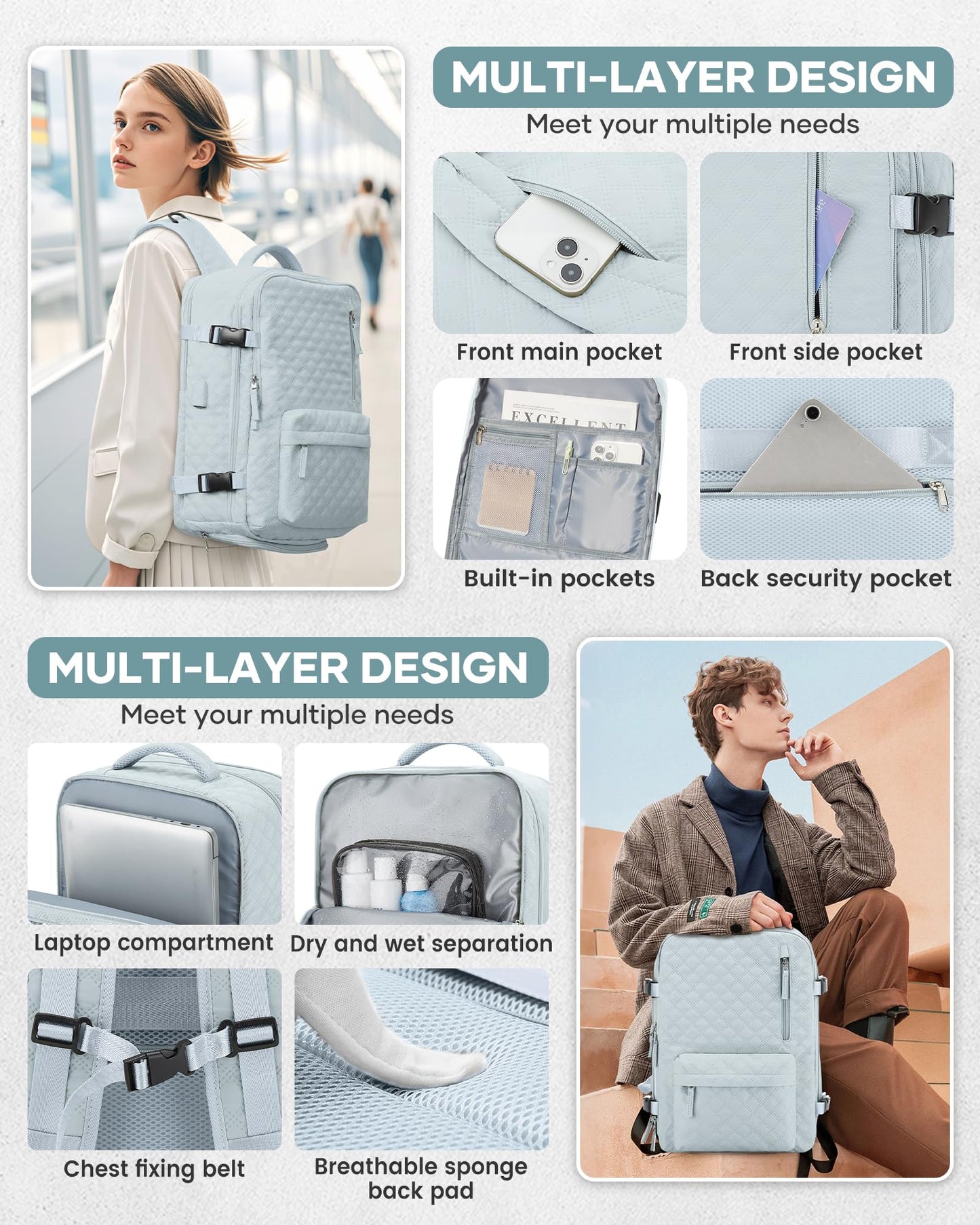Travel Vacuum Storage Backpack with Air Pump Vacuum Seal Compression Space Saver Bags Clothing Vacpack 18x14x8 inches Travel Bag Carry on Personal item Laptop Work Backpacks Women LightBlue