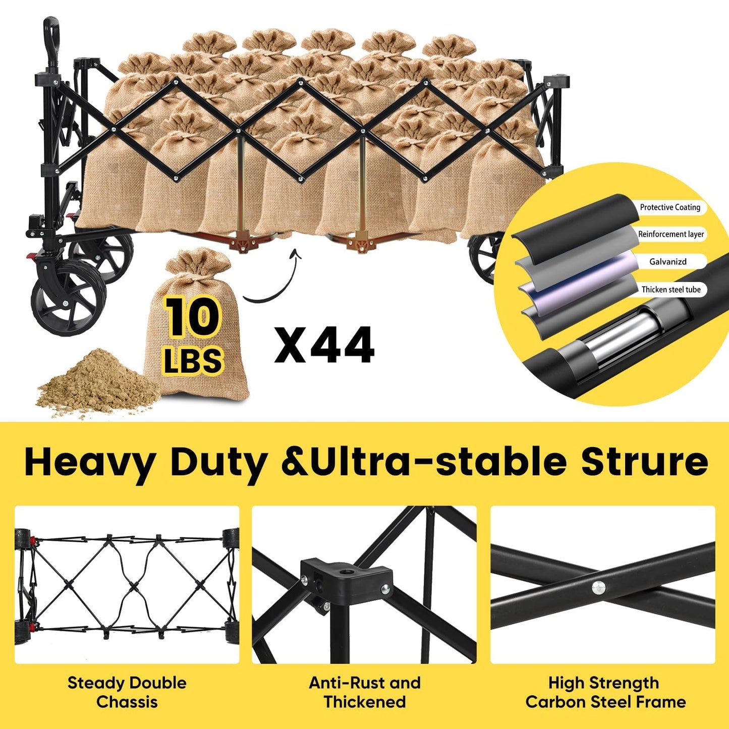 Sekey 48''L Collapsible Foldable Extended Wagon with 440lbs Weight Capacity, Heavy Duty 300L Folding Utility Garden Cart with Big All-Terrain Beach Wheels & Drink Holders. Khaki