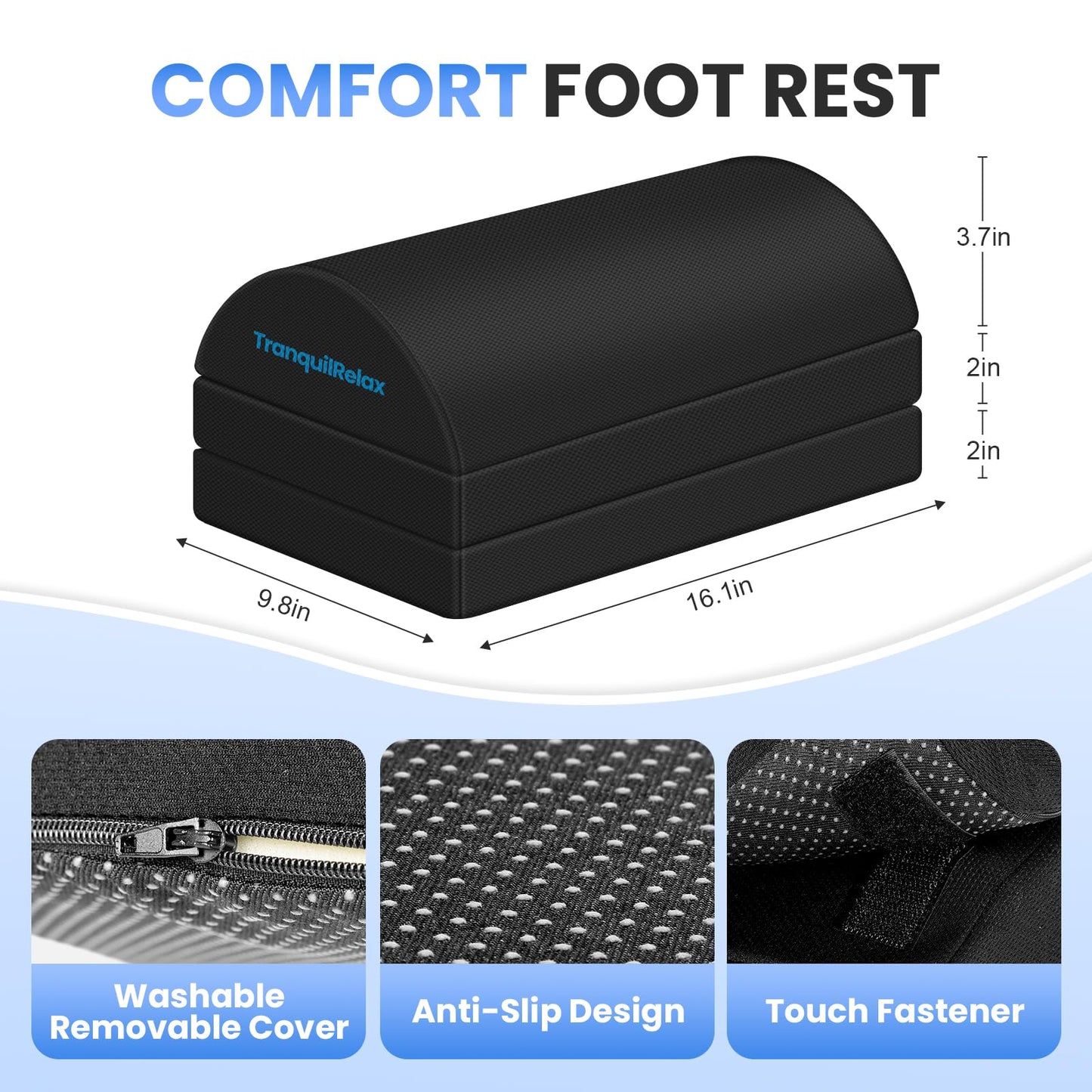 TranquilRelax Foot Rest for Under Desk at Work, Gaming Accessories Foot Stool with 3 Adjustable Heights & Washable Cover, Comfortable Office Desk Accessories, Footrest for Office, Home and Car (Black)