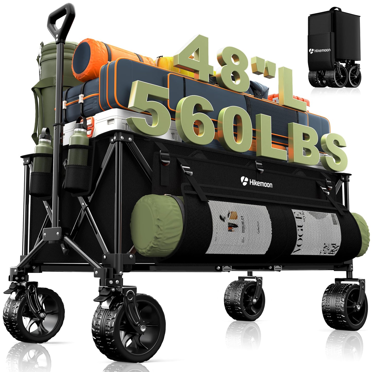 Hikemoon 300L Extra Large Wagons Carts Foldable, 560LBS Heavy Duty Collapsible Beach Wagon 48" Long with Big All-Terrain Wheels, Utility Folding Cart for Camping, Grocery, Sports, Garden, Black