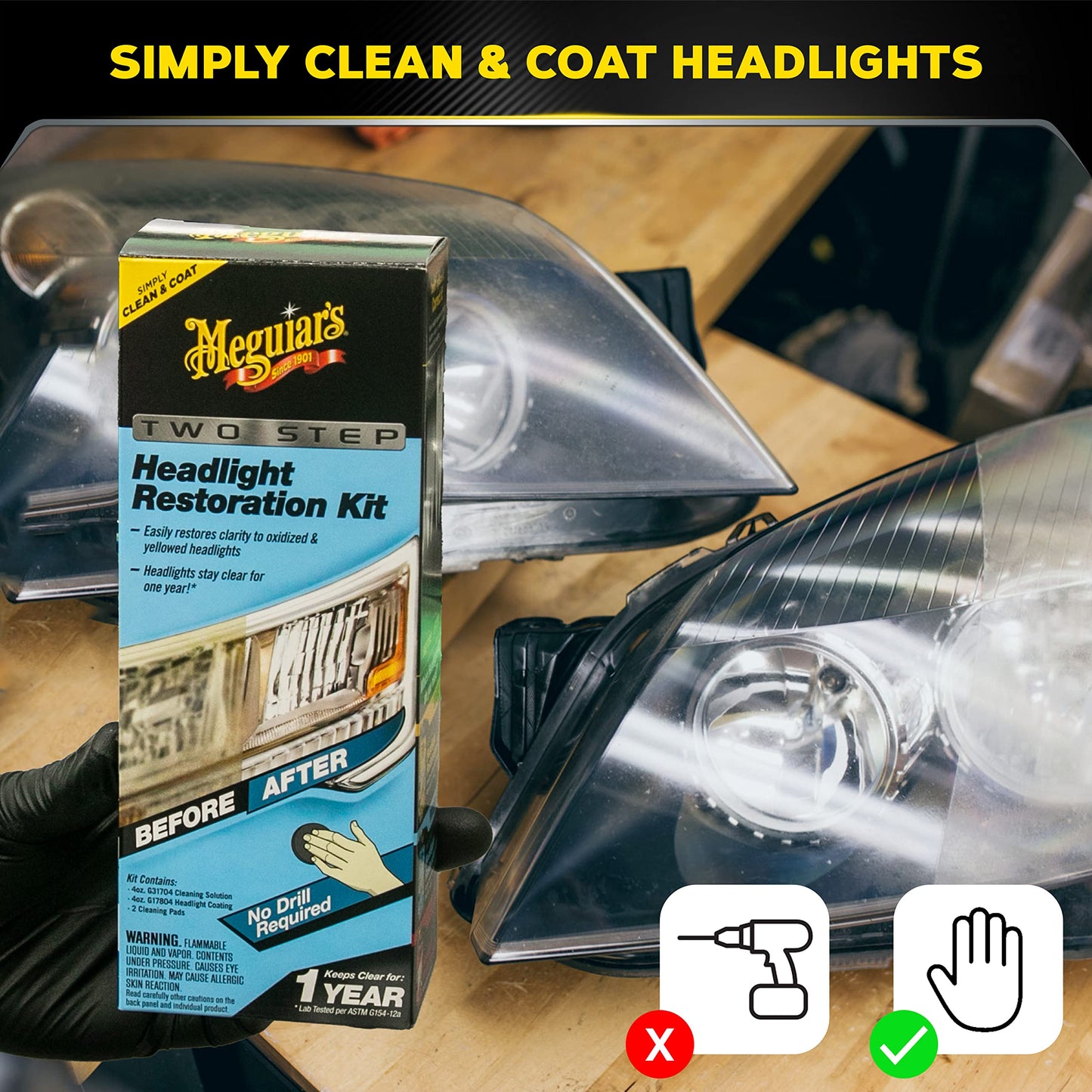 Meguiar's Two Step Headlight Restoration Kit, Headlight Cleaner Restores Clear Car Plastic and Protects from Re-Oxidation, Includes Headlight Coating and Cleaning Solution - 4 Count (1 Pack)