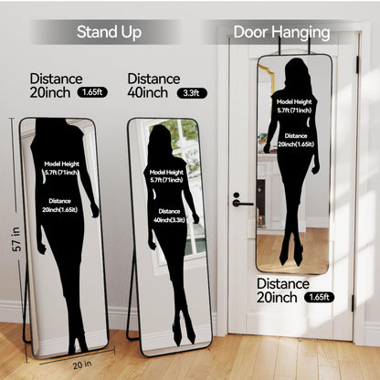 SCWF-GZ 57x20 Door Hanging Full Length Mirror, Floor Stand (Height 5.7ft just Body in1.3ft) Wall Mounted Metal Frame Rectangle Dressing Mirrors for Bedroom Living Room 57 inch Black