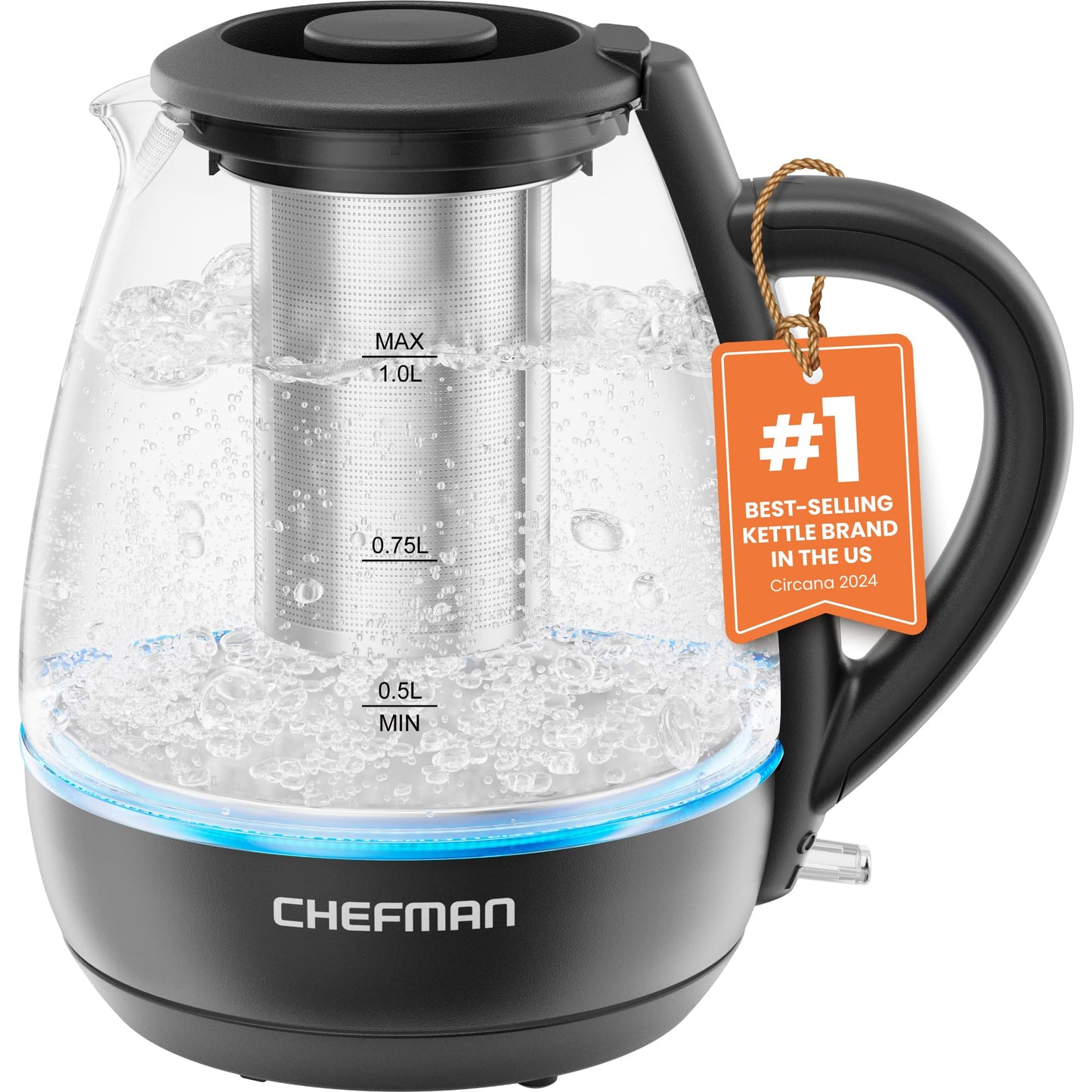 Chefman Electric Kettle with Tea Infuser, 1L 1500W, Removable Lid for Easy Cleaning, Boil-Dry Protection, Stainless Steel Filter, BPA Free, Auto Shut Off Hot Water Boiler, Small Electric Tea Kettle