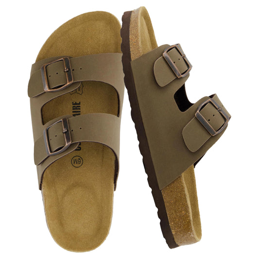 CUSHIONAIRE Lane Cork Footbed Sandals for Women – Comfortable Double Buckle Slip-On with Genuine Suede Footbed & Arch Support Slides for Women Footwear, BROWN 8