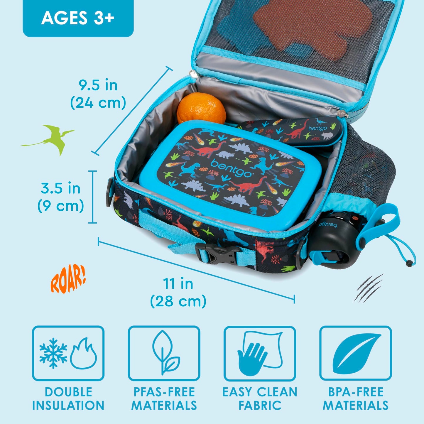 Bentgo Kids Lunch Bag - Double-Insulated, Reusable Lunch Bag for Kids 3+ with Adjustable Strap; Holds Lunch Box/Water Bottle/Snacks; Easy-Clean, Water-Resistant & Pockets (Dinosaur)
