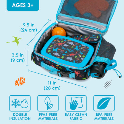 Bentgo Kids Lunch Bag - Double-Insulated, Reusable Lunch Bag for Kids 3+ with Adjustable Strap; Holds Lunch Box/Water Bottle/Snacks; Easy-Clean, Water-Resistant & Pockets (Dinosaur)