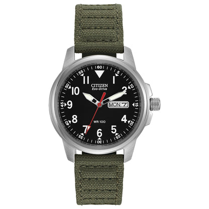 Citizen Men's Eco-Drive Weekender Garrison Field Watch in Stainless Steel with Olive Nylon strap, Black Dial (Model: BM8180-03E)