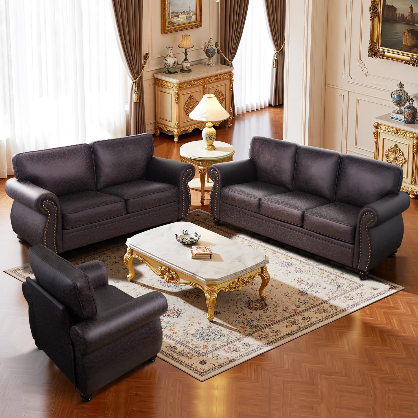 Couchus Living Room Furniture Sets,Sofa Sets and Couch Sets for Living Room,Mid-Century Vintage Sofa Couches with Rivet Design (Brown, Single+Loveseat+3 Seater)