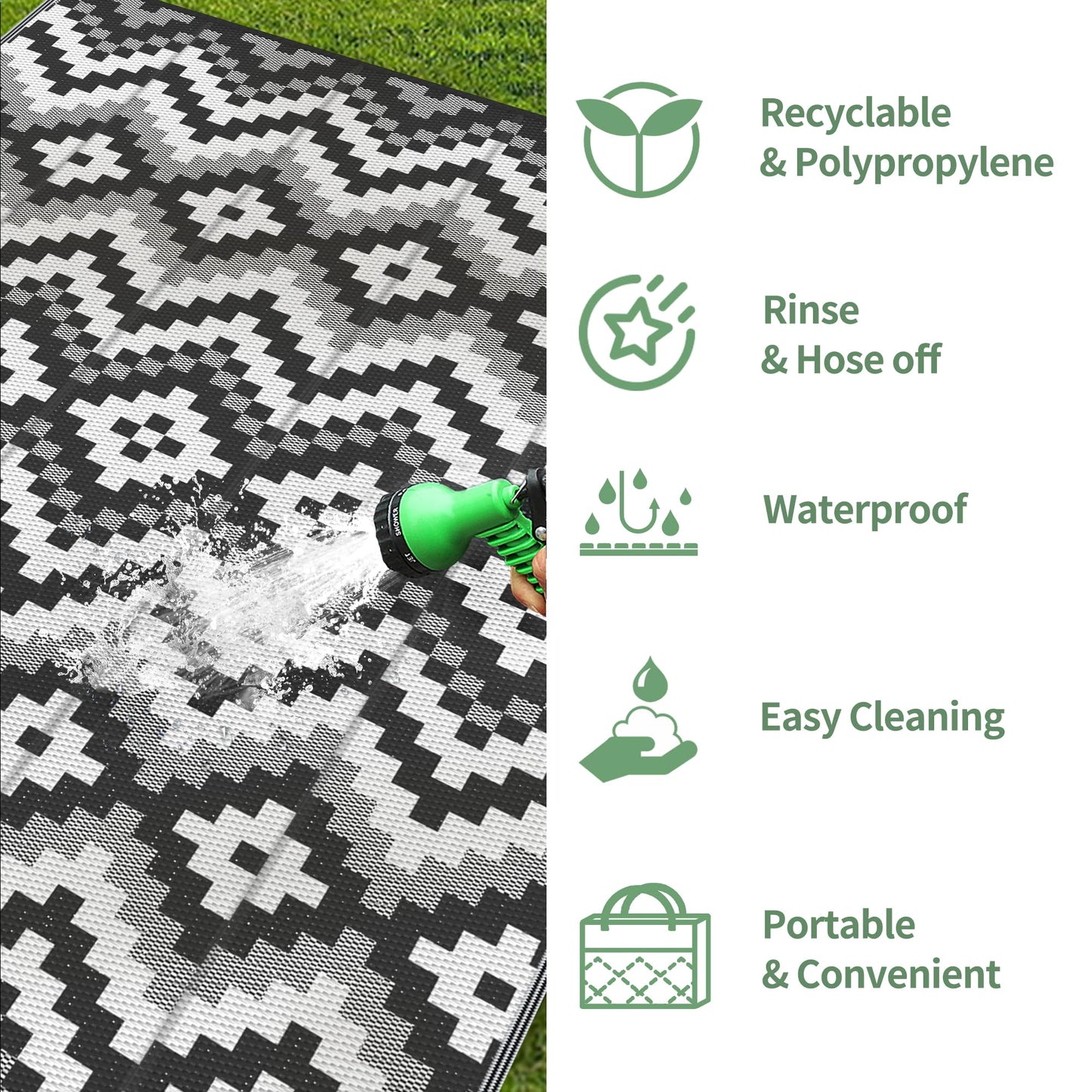 GENIMO Outdoor Rug Waterproof 5x8 ft, Lightweight Plastic Straw Rugs, Outside Reversible Area Mat Carpet for Patio, Camping, RV, Deck, Balcony, Porch, Backyard, Black & White