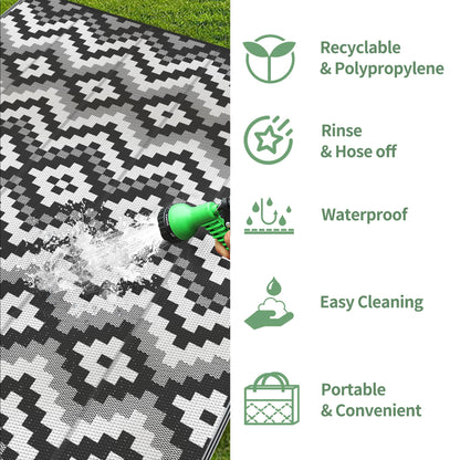 GENIMO Outdoor Rug Waterproof 5x8 ft, Lightweight Plastic Straw Rugs, Outside Reversible Area Mat Carpet for Patio, Camping, RV, Deck, Balcony, Porch, Backyard, Black & White
