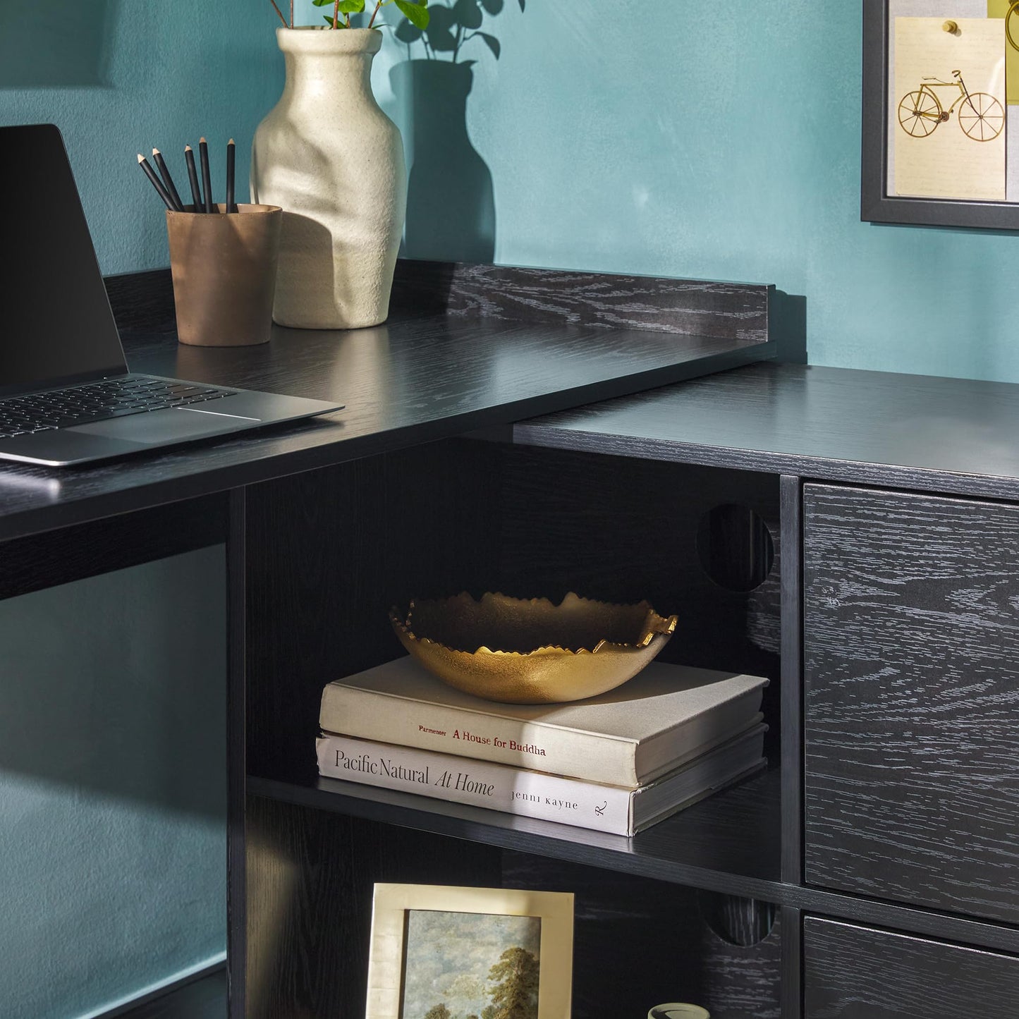 Walker Edison Transitional Office Design, Writing Desk with Drawers and Open Cubbies, Spacious Desktop, Reversible Fit, Complementary in Living Spaces, 49.75”L, Black