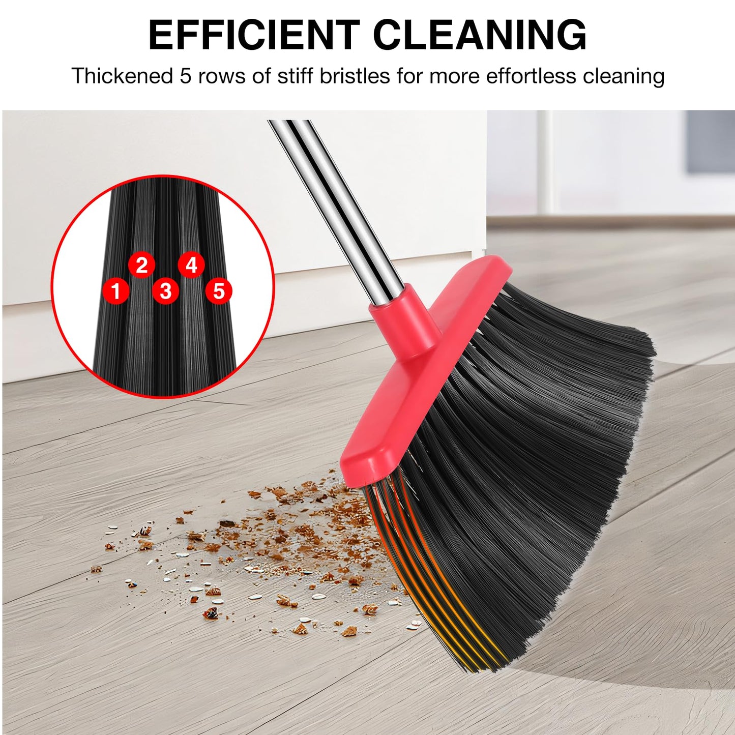 NACENA Broom and Dustpan Set, 52-in Long Adjustable Handle Broom Dustpan Combo with Dustpan Teeth to Automatically Clean Hair Suitable for Home Kitchen Office Hall Floor（Black&Red）