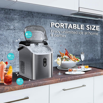 FREE VILLAGE Nugget Ice Maker Countertop, Pebble Ice Maker Machine with Soft Chewable Ice, 34lbs/24H, Self-Cleaning, One-Click Operation, Stainless Steel, Crushed Ice Maker for Home Kitchen Office