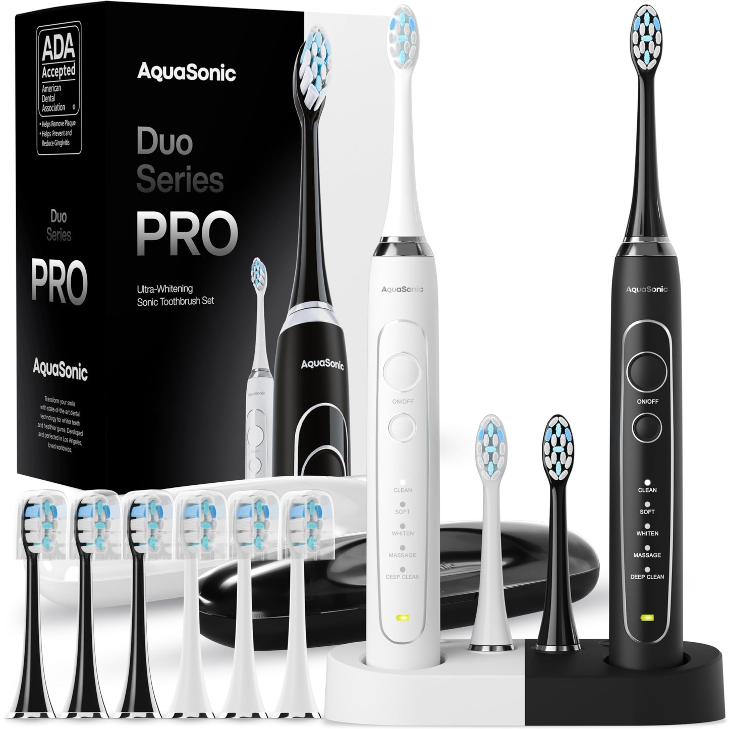 Aquasonic Duo Series PRO – Ultra-Whitening Electric Toothbrush Set – 5 Modes & Smart Timers – Premium Travel Cases & 10 Proflex Brush Heads – ADA Accepted Toothbrushes